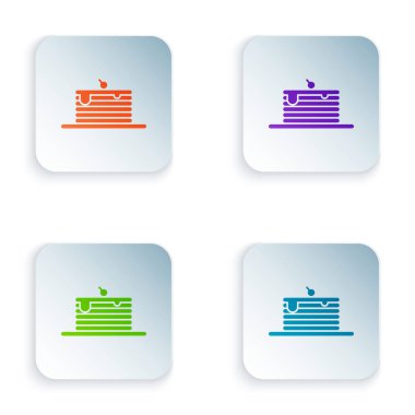 Beyaz arkaplanda izole edilmiş renkli krep yığını. Şerbetli ve kirazlı fırın. Kahvaltı konsepti. Renkli kare düğmelere simgeleri yerleştir. Vektör İllüstrasyonu