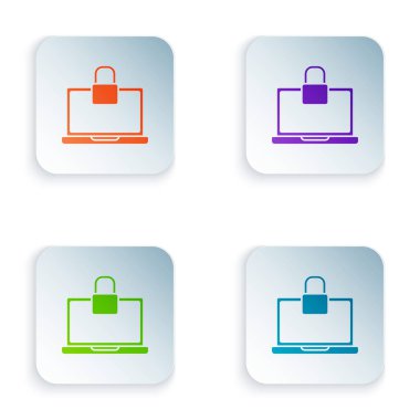 Renkli dizüstü bilgisayar ve kilit simgesi beyaz arkaplanda izole edildi. Bilgisayar ve asma kilit. Güvenlik, güvenlik, koruma kavramı. Güvenli bir ağ. Renkli kare düğmelere simgeleri yerleştir. Vektör İllüstrasyonu