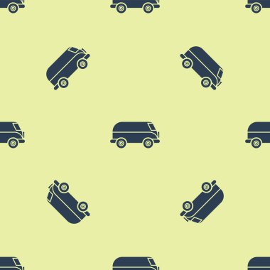 Mavi Retro minivan simgesi sarı arkaplandaki kusursuz deseni izole etti. Eski klasik seyahat minibüsü. Vektör İllüstrasyonu