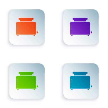 Beyaz arkaplanda izole edilmiş tost simgesine sahip renkli tost makinesi. Renkli kare düğmelere simgeleri yerleştir. Vektör İllüstrasyonu