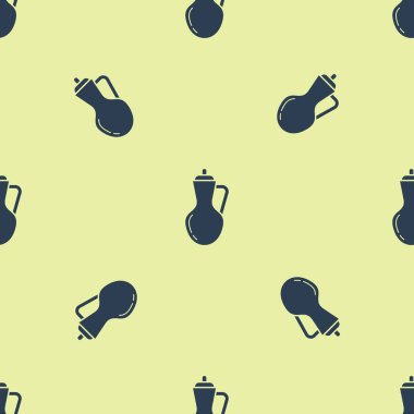 Mavi zeytinyağı ikonu, sarı arka planda izole edilmiş, pürüzsüz bir desen. Zeytinyağı ikonlu sürahi. Vektör İllüstrasyonu