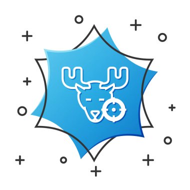 Geyik üzerinde beyaz çizgi avı ve beyaz arka planda izole edilmiş hedef simgesi. Geyik ve hedefli av kulübü logosu. Tüfek merceği bir geyiği hedef alıyor. Mavi altıgen düğmesi. Vektör İllüstrasyonu