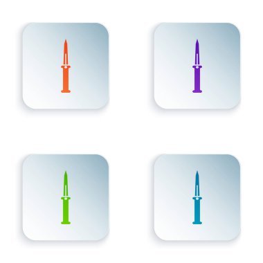 Renkli Bıçak simgesi beyaz arkaplanda izole edildi. Ordu bıçağı. Renkli kare düğmelere simgeleri yerleştir. Vektör İllüstrasyonu