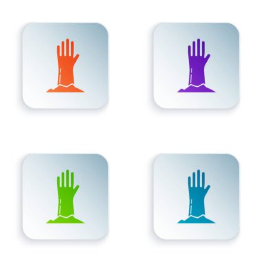 Beyaz arkaplanda izole edilmiş renkli Zombi el simgesi. Silah canavarı öldü. Mutlu Cadılar Bayramı Partisi. Renkli kare düğmelere simgeleri yerleştir. Vektör İllüstrasyonu