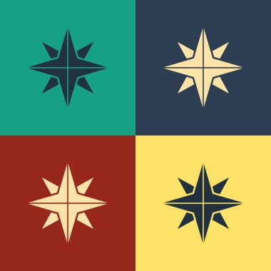 Renk Rüzgar gül simgesi renk arka planda izole. Seyahat için pusula simgesi. Navigasyon tasarımı. Vintage tarzı çizim. Vektör İllüstrasyonu