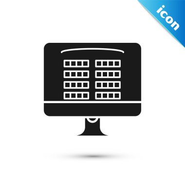 Black Buy sinema bileti çevrimiçi ikonu beyaz arka planda izole edildi. Hizmet kavramı. Vektör İllüstrasyonu