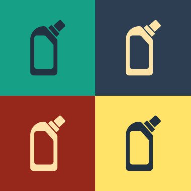 Sıvı çamaşır deterjanı, çamaşır suyu, bulaşık deterjanı ya da renkli arka planda izole edilmiş başka bir temizlik maddesi simgesi için renkli plastik şişe. Klasik tarzda çizim. Vektör İllüstrasyonu