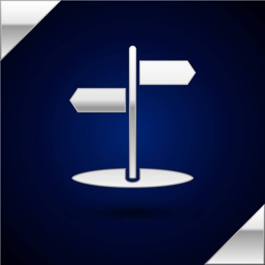 Gümüş Yol trafik tabelası. Koyu mavi arkaplanda sinyal simgesi izole edildi. İşaretçi sembolü. İzole sokak bilgi levhası. Yön tabelası. Vektör İllüstrasyonu