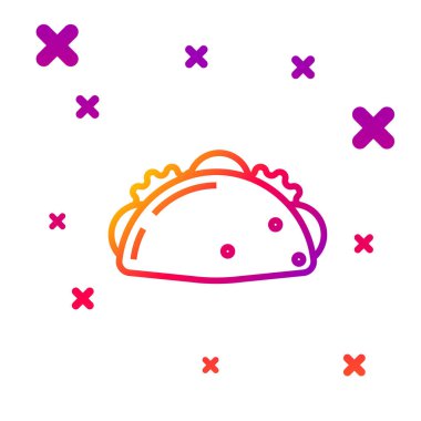 Beyaz arkaplanda tortilla simgesi olan renkli Taco. Geleneksel Meksika fast food menüsü. Kademeli rastgele dinamik şekiller. Vektör İllüstrasyonu