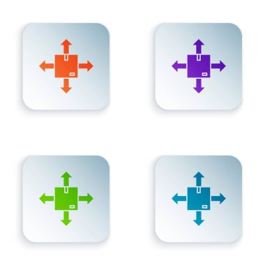 Beyaz zemin üzerinde trafik sembolü simgesi olan renkli karton kutu. Kutu, paket, paket işareti. Teslimat, ulaşım ve nakliye. Renkli kare düğmelere simgeleri yerleştir. Vektör İllüstrasyonu