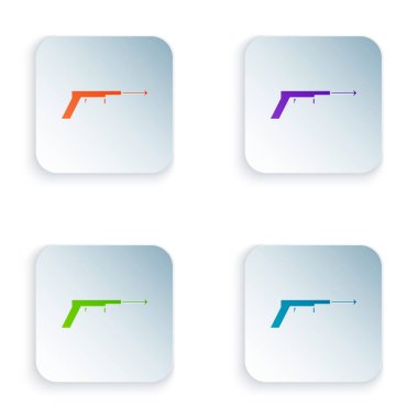 Beyaz arkaplanda izole edilmiş renkli balıkçılık zıpkın ikonu. Suyun altında balık yakalamak için balıkçılık üreticileri. Su altı ekipmanları. Renkli kare düğmelere simgeleri yerleştir. Vektör İllüstrasyonu