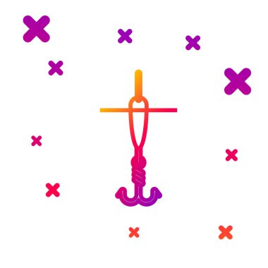 Renkli olta oltası ve yüzen simge beyaz arka planda izole edildi. Balık oltası. Kademeli rastgele dinamik şekiller. Vektör İllüstrasyonu