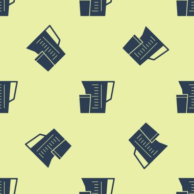 Kuru ve sıvı yiyecek ikonunu ölçmek için mavi ölçü kabı sarı zemin üzerinde izole edilmiş pürüzsüz desen. Plastik şişenin sapı var. Vektör İllüstrasyonu