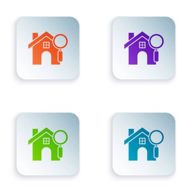 Renk Arama Evi simgesi beyaz arkaplanda izole edildi. Büyüteç altındaki bir evin emlak sembolü. Renkli kare düğmelere simgeleri yerleştir. Vektör İllüstrasyonu