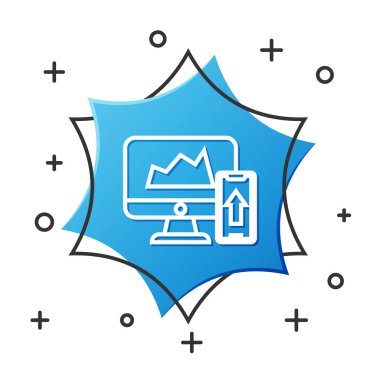 Beyaz çizgi finans şeması ya da bilgisayar monitöründeki grafik ve cep telefonu simgesi beyaz arkaplanda izole edildi. Strateji, planlama, veri, yatırım. Mavi altıgen düğmesi. Vektör İllüstrasyonu