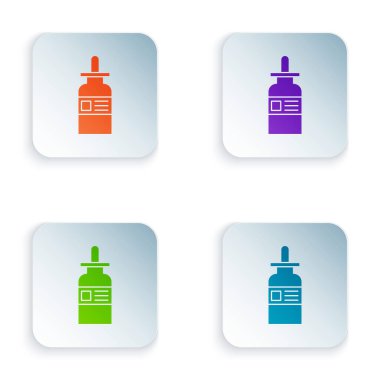 Beyaz arka planda izole edilmiş pipet ikonu olan renkli cam şişe. Tıbbi ve kozmetik ürünler için konteynır. Renkli kare düğmelere simgeleri yerleştir. Vektör İllüstrasyonu
