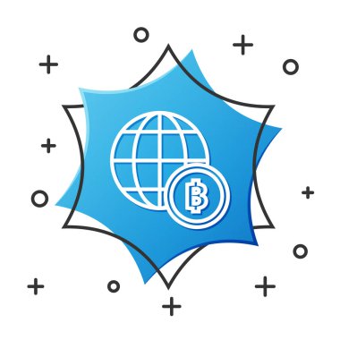 Beyaz çizgi Globe ve kripto para birimi simgesi Bitcoin beyaz arka planda izole edildi. Madeni para. Engelleme zinciri tabanlı şifreli para birimi. Mavi altıgen düğmesi. Vektör İllüstrasyonu