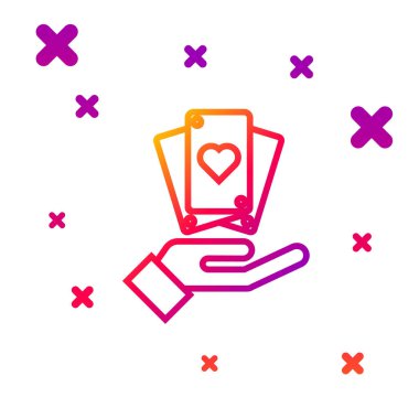 Renk çizgisi El beyaz arkaplanda izole edilmiş iskambil kartı simgesi tutuyor. Kumarhane oyun tasarımı. Kademeli rastgele dinamik şekiller. Vektör İllüstrasyonu