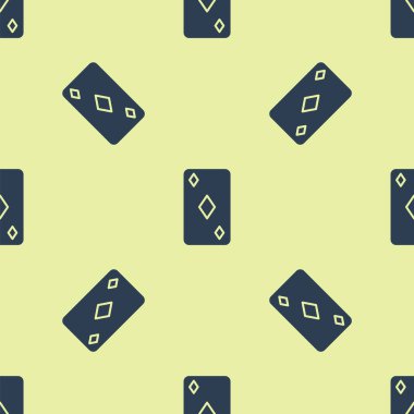 Üzerinde elmas sembolü olan mavi iskambil kartı sarı arka planda izole edilmiş pürüzsüz desen. Kumarhane kumarı. Vektör İllüstrasyonu