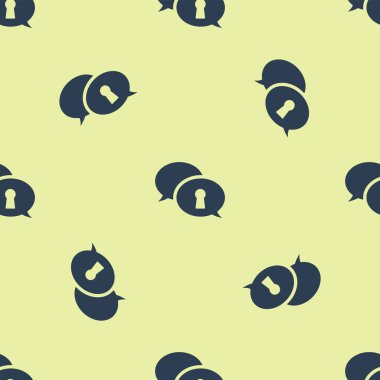 Kişisel veri simgesinin mavi koruması sarı arkaplandaki kusursuz deseni izole etti. Konuşma balonu ve anahtar. Vektör İllüstrasyonu