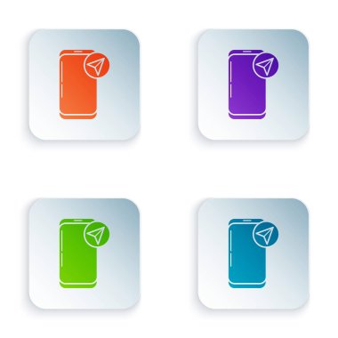 Renk Infografik beyaz arka planda izole şehir haritası navigasyon simgesi. Mobil uygulama arayüzü konsept tasarımı. Geolacation kavramı. Renkli kare düğmeleri simgeleri ayarlayın. Vektör Illustration