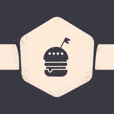 Gri arka planda izole Grunge Burger simgesi. Hamburger simgesi. Cheeseburger sandviç işareti. Fast food menüsü. Tek renkli vintage çizim. Vektör İllüstrasyonu