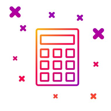 Renk çizgisi Hesap Makinesi simgesi beyaz arkaplanda izole edildi. Muhasebe sembolü. İş hesaplamaları matematik eğitimi ve finans. Kademeli rastgele dinamik şekiller. Vektör İllüstrasyonu