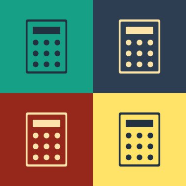 Renk arka planda yalıtılmış Renk Hesap Makinesi simgesi. Muhasebe sembolü. İş hesaplamaları matematik eğitim ve finans. Vintage tarzı çizim. Vektör İllüstrasyonu