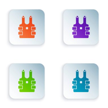 Beyaz arka planda izole edilmiş kurşun ikonundan korunmak için kurşun geçirmez yelek. Vücut zırhı işareti. Askeri kıyafetler. Renkli kare düğmelere simgeleri yerleştir. Vektör İllüstrasyonu