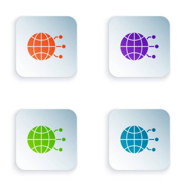 Renk Küresel teknolojisi veya sosyal ağ simgesi beyaz arkaplanda izole edildi. Renkli kare düğmelere simgeleri yerleştir. Vektör İllüstrasyonu