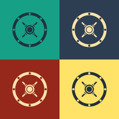 Renk arka planında yalıtılmış Renk Güvenli simgesi. Kapı kasası, kombine kilidi olan bir banka kasası. Güvenilir veri koruması. Vintage tarzı çizim. Vektör İllüstrasyonu