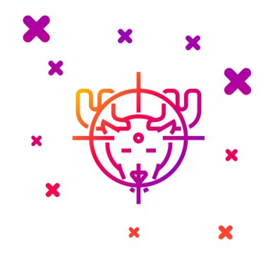 Geyik üzerindeki renk avında beyaz arka planda izole edilmiş hedef simgesi var. Geyik ve hedefli av kulübü logosu. Tüfek merceği bir geyiği hedef alıyor. Kademeli rastgele dinamik şekiller. Vektör İllüstrasyonu