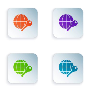 Renkli Globe anahtar simgesi beyaz arkaplanda izole edildi. Renkli kare düğmelere simgeleri yerleştir. Vektör İllüstrasyonu