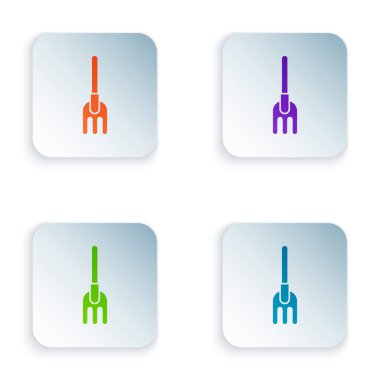 Beyaz arka planda izole renk bahçe komisyon simgesi. Bahçecilik, tarım, Tarım için araç. Zemin tohumcu. Temizlik ekipmanları. Renkli kare düğmeleri simgeleri ayarlayın. Vektör Illustration