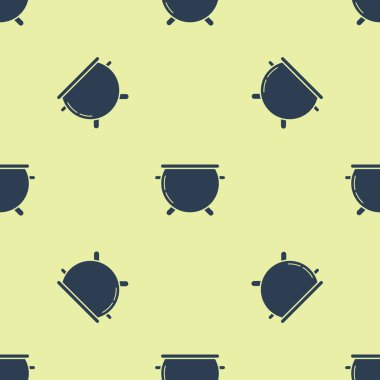 Mavi Cadılar Bayramı cadı kazanı ikonu sarı arka planda izole edilmiş pürüzsüz desen. Mutlu Cadılar Bayramı Partisi. Vektör İllüstrasyonu