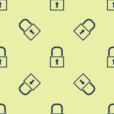 Mavi Kilit simgesi sarı arkaplandaki kusursuz deseni izole etti. Asma kilit işareti. Güvenlik, güvenlik, koruma, gizlilik kavramı. Vektör İllüstrasyonu