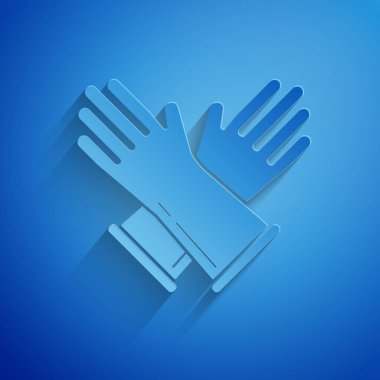 Kağıt kesiği, mavi arka planda izole edilmiş lastik eldiven ikonu. Lateks el koruması işareti. Ev işi temizlik ekipmanları sembolü. Kağıt sanatı tarzı. Vektör İllüstrasyonu