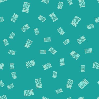 Yeşil Hesap Makinesi simgesi yeşil arka plan üzerinde sorunsuz desen izole. Muhasebe sembolü. İş hesaplamaları matematik eğitim ve finans. Vektör İllüstrasyonu