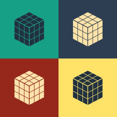 Renk arkaplanı üzerinde izole edilmiş renkli Rubik küp simgesi. Mekanik yapboz oyuncağı. Rubik 'in 3 boyutlu küp kombinasyon bulmacası. Klasik tarzda çizim. Vektör İllüstrasyonu