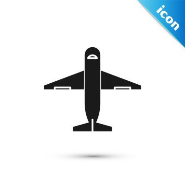 Siyah düzlem simgesi beyaz arkaplanda izole edildi. Teslimat, ulaşım. Kargo hava yoluyla geliyor. Paketli uçaklar, kutular. Vektör İllüstrasyonu