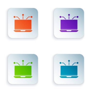 Beyaz arkaplanda izole edilmiş renkli dizüstü simgesi. Teknoloji ve cihazlar konsepti renkli kare düğmelere simgeleri yerleştir. Vektör İllüstrasyonu