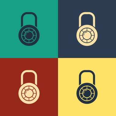 Color Safe combination lock wheel icon isolated on color background. Combination padlock. Security, safety, protection, password, privacy. Vintage style drawing. Vector Illustration