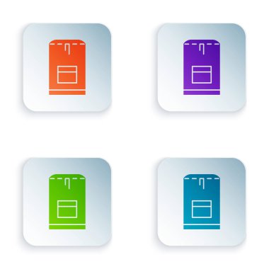 Beyaz arkaplanda izole edilmiş renkli sırt çantası simgesi. Su altı ekipmanları. Renkli kare düğmelere simgeleri yerleştir. Vektör İllüstrasyonu