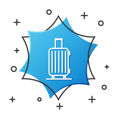 Seyahat simgesi için beyaz bavul beyaz arkaplanda izole edildi. Seyahat bagaj tabelası. Seyahat bagaj ikonu. Mavi altıgen düğmesi. Vektör İllüstrasyonu