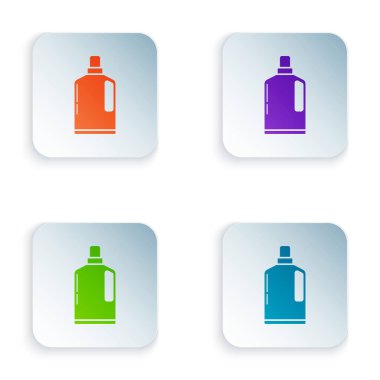 Sıvı çamaşır deterjanı, çamaşır suyu, bulaşık deterjanı ya da beyaz arka planda izole edilmiş başka bir temizlik maddesi simgesi için renkli plastik şişe. Renkli kare düğmelere simgeleri yerleştir. Vektör İllüstrasyonu