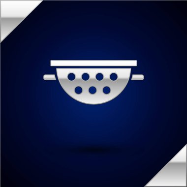 Gümüş Mutfak süzgeç ikonu koyu mavi arka planda izole edilmiş. Mutfak aletleri. Çatal bıçak seti. Vektör İllüstrasyonu