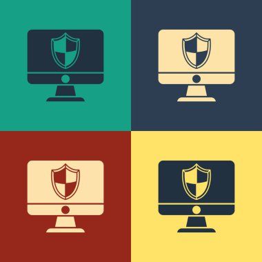 Renkli bilgisayar monitörü ve kalkan simgesi renk arkaplanında izole edildi. Güvenlik, güvenlik duvarı teknolojisi, internet gizliliği ya da antivirüs. Klasik tarzda çizim. Vektör İllüstrasyonu