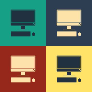 Renkli arka planda yalıtılmış klavye ve fare simgesi olan Renkli Bilgisayar monitörü. Pc bileşen işareti. Vintage tarzı çizim. Vektör İllüstrasyonu