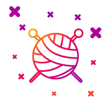 Beyaz arkaplanda izole edilmiş örgü iğneli renkli iplik topu. El yapımı, örgü ya da terzi için etiket. Kademeli rastgele dinamik şekiller. Vektör İllüstrasyonu