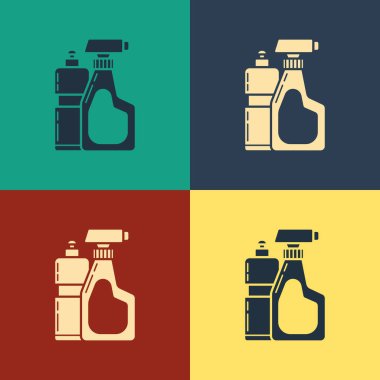 Color Plastic bottles for liquid laundry detergent, bleach, dishwashing liquid or another cleaning agent icon isolated on color background. Vintage style drawing. Vector Illustration